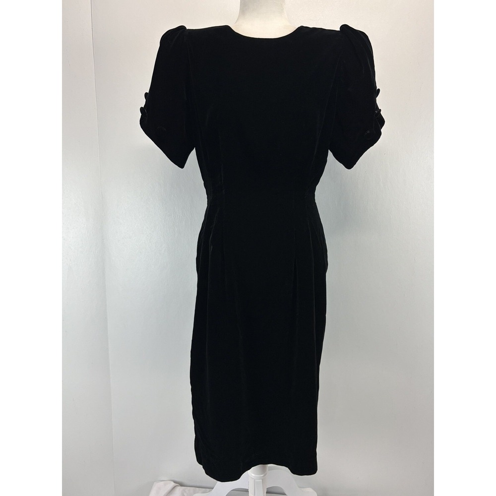 Vtg Susan Bennett Black Velvet Sheath Dress 12 Midi Puff Sleeves Witchy Goth
